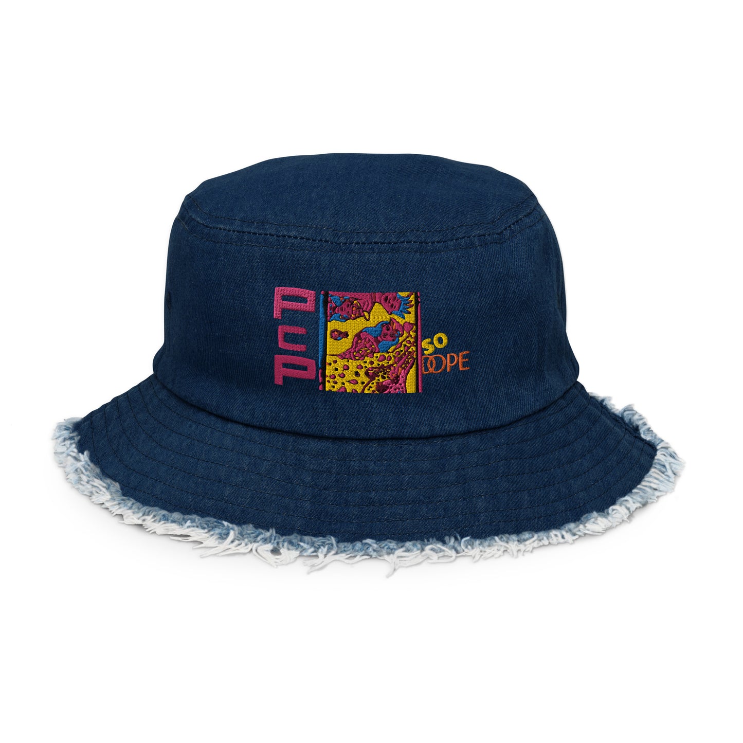 P Colorblock Distressed denim bucket hat